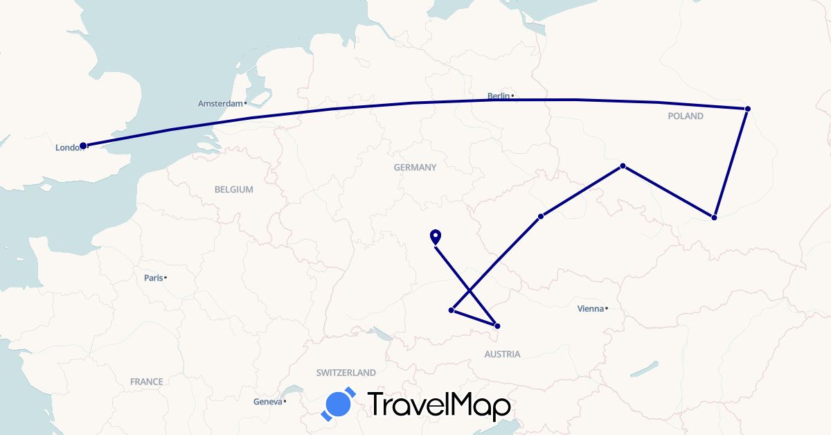 TravelMap itinerary: driving in Austria, Czech Republic, Germany, United Kingdom, Poland (Europe)